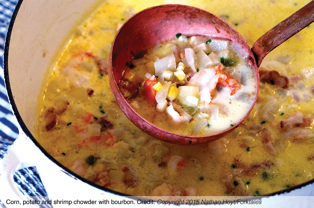 Corn, potato and shrimp chowder with bourbon.