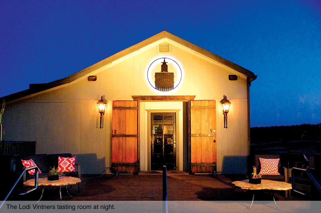 Lodi Vintners tasting room at night.